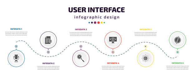 Poster - user interface infographic element with icons and 6 step or option. user interface icons such as voice recording, data analytics content, zoom, vigilance, brightness, empty vector. can be used for