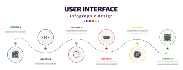 Poster - user interface infographic element with icons and 6 step or option. user interface icons such as store, medium, retweet, more, close, equal vector. can be used for banner, info graph, web,