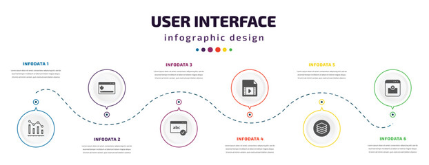 Poster - user interface infographic element with icons and 6 step or option. user interface icons such as decreasing bars chart, window scrolling right, spellcheck, video file, layer button, remove right