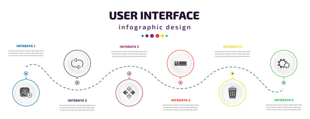 Poster - user interface infographic element with icons and 6 step or option. user interface icons such as insert picture, update arrows, move arrows, text box, trash bin, wheels vector. can be used for