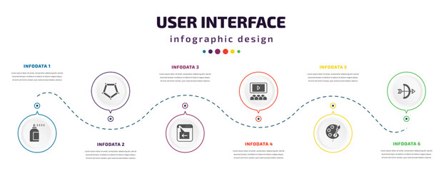 Poster - user interface infographic element with icons and 6 step or option. user interface icons such as spray paint, pentagonal chart, window back button, hall, painter palette, archer vector. can be used