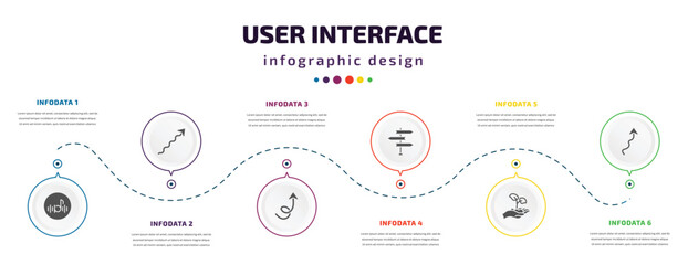Poster - user interface infographic element with icons and 6 step or option. user interface icons such as musical, undulating arrow, swirly arrow, road, hand and sprout, arrow with scribble vector. can be