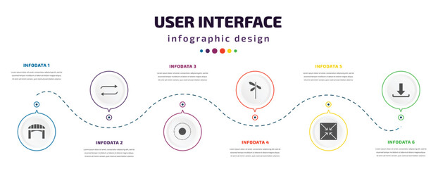 Poster - user interface infographic element with icons and 6 step or option. user interface icons such as bridge, refresh button, selectioned circle, crossroads, exit full screen arrows, download arrow