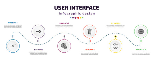 Poster - user interface infographic element with icons and 6 step or option. user interface icons such as move content, curved right arrow, cart interface, recycling container, spinning arrows, worldgrid