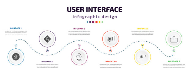 Poster - user interface infographic element with icons and 6 step or option. user interface icons such as downloading, left reverse curve, 1 pete, gap, loop arrow, export button vector. can be used for