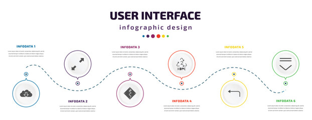 Poster - user interface infographic element with icons and 6 step or option. user interface icons such as download data, scale arrows, curvy road warning, hdpe 2, left turn, drop down vector. can be used for