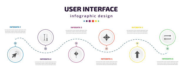 Poster - user interface infographic element with icons and 6 step or option. user interface icons such as mouse arrow, mechanic tool, curvy road ahead, navigation arrows, pointing up arrow, replay arrows