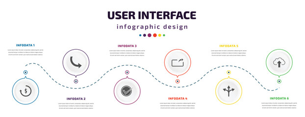 Poster - user interface infographic element with icons and 6 step or option. user interface icons such as repaying, curve arrows, right, export arrow, crossroad, cloud upload vector. can be used for banner,