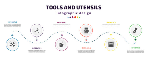 Poster - tools and utensils infographic element with icons and 6 step or option. tools and utensils icons such as cross wrench, forceps, shear, print button, doors, ink pen vector. can be used for banner,