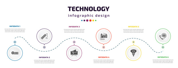 Poster - technology infographic element with icons and 6 step or option. technology icons such as horizontal film strip, tee power, telemarketing, radio journalism, bulb, international call vector. can be