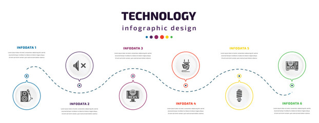 Aufkleber - technology infographic element with icons and 6 step or option. technology icons such as entertainer, no audio, world news, ecologic electricity, led lamp, worlwide news vector. can be used for