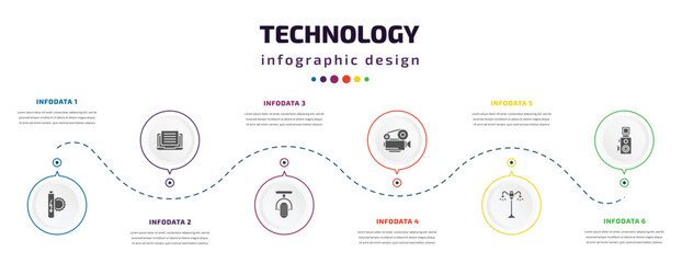 Aufkleber - technology infographic element with icons and 6 step or option. technology icons such as solar battery, customs, microphone interface, cinema projector, lamp post, reflex photo camera vector. can be