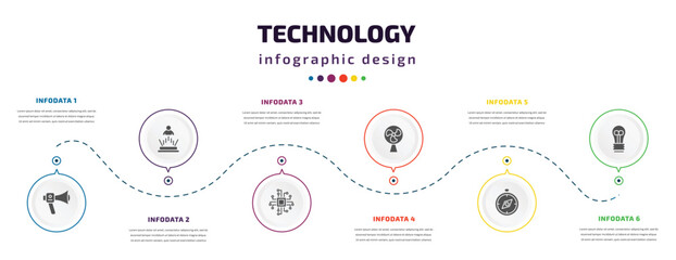 Wall Mural - technology infographic element with icons and 6 step or option. technology icons such as modern horn, teletransportation, technology, ventilator, basic compass, light bulb turned off vector. can be