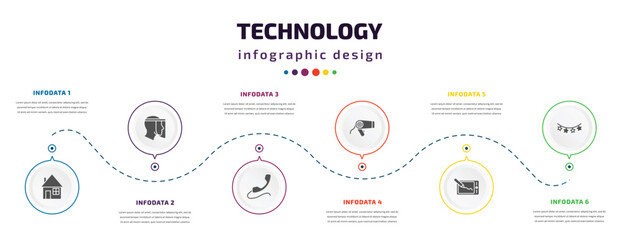 Aufkleber - technology infographic element with icons and 6 step or option. technology icons such as domestic, face shield, phone with wire, hairdressing tools, drawing tablet, tinsel vector. can be used for