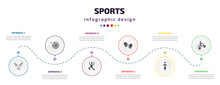 Sports Infographic Element With Icons And 6 Step Or Option. Sports Icons Such As Ski Poles, Dartboard With Dart, Dancing Motion, Boxing Glove, Motorbike Riding, Motocross Vector. Can Be Used For