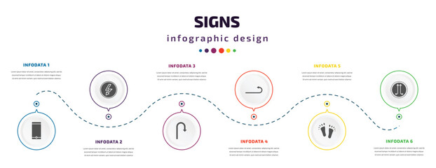 Poster - signs infographic element with icons and 6 step or option. signs icons such as smarthphone, lightning warning, u turn, turn, barefoot, is parallel to vector. can be used for banner, info graph, web,