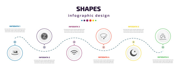 Poster - shapes infographic element with icons and 6 step or option. shapes icons such as 360, z, wireless, winshield wiper, islamic moon, letter glow effect vector. can be used for banner, info graph, web,