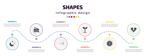 Poster - shapes infographic element with icons and 6 step or option. shapes icons such as moon and stars, wedding night, cut here, breakeable, paragraph, heartbreak vector. can be used for banner, info