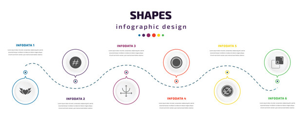 Poster - shapes infographic element with icons and 6 step or option. shapes icons such as devil heart with wings, hash key, parabola, blank circle, non recyclable, minus front vector. can be used for banner,
