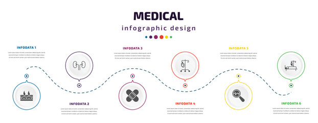 Poster - medical infographic element with icons and 6 step or option. medical icons such as dermis, kidney, plastering, perfusion, diagtic, illness on bed vector. can be used for banner, info graph, web,