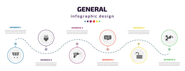 Poster - general infographic element with icons and 6 step or option. general icons such as shopping trolley, heart in flames, perforator, quiz, hose with drops, live paint vector. can be used for banner,