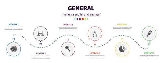 Poster - general infographic element with icons and 6 step or option. general icons such as insurance with a button, pair of binoculars, magnifiying glass, nippers, market share, stationery knife vector. can