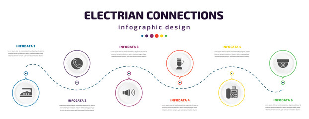 Poster - electrian connections infographic element with icons and 6 step or option. electrian connections icons such as iron, telephone, speakers, pertor, fax, cctv vector. can be used for banner, info