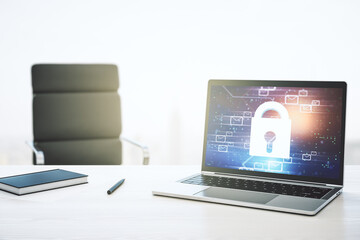 Poster - Modern computer monitor with creative lock hologram and email symbols. Information security concept. 3D Rendering