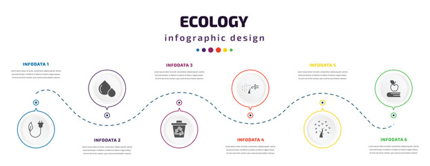 Aufkleber - ecology infographic element with icons and 6 step or option. ecology icons such as eco plug, oil drops, recycle bin, wind bending tree, tree of love, and books vector. can be used for banner, info