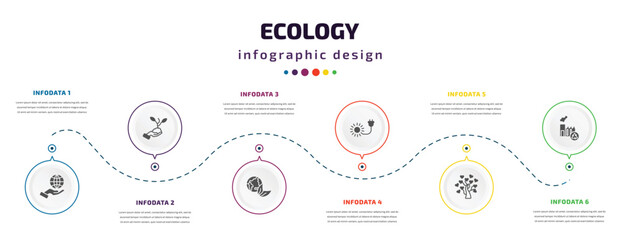 Aufkleber - ecology infographic element with icons and 6 step or option. ecology icons such as globe on hand, plant on a hand, ecology, solar plug, tree with hearts, recycling factory vector. can be used for