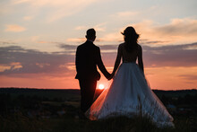Silhouette Of A Wedding Couple At Sunset. Bride And Groom In Field With Sunlight. Portrait Of Newlyweds Enjoying Romantic Moments. Man And Woman Holding Hands On A Meadow In Mountains Top. Back View.