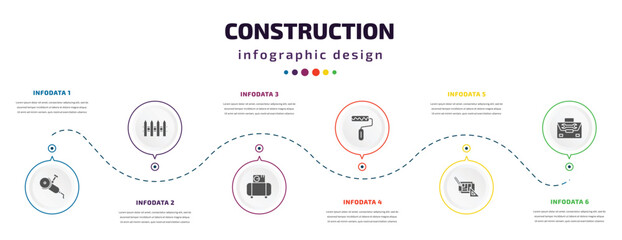 Poster - construction infographic element with icons and 6 step or option. construction icons such as grinder, garden fence, air compressor, roller and paint, construction plan, tool bag vector. can be used