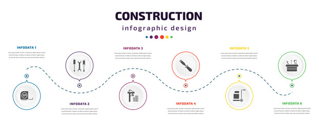 Poster - construction infographic element with icons and 6 step or option. construction icons such as five meters ruler, three tools, constructions, chisel, trolley with cargo, tool box vector. can be used