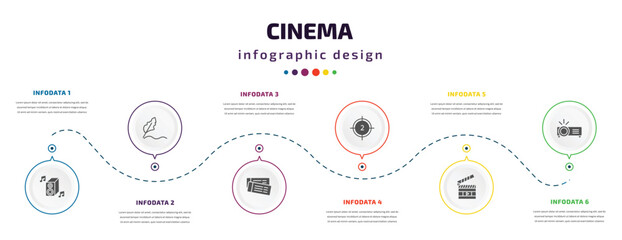 Poster - cinema infographic element with icons and 6 step or option. cinema icons such as loud woofer box, author, tickets, film counter, movie clapper open, image projector vector. can be used for banner,