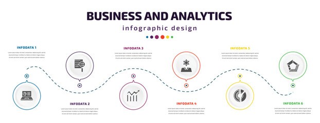 Poster - business and analytics infographic element with icons and 6 step or option. business and analytics icons such as laptop profits graphics, binary data search, data analytics circular, business