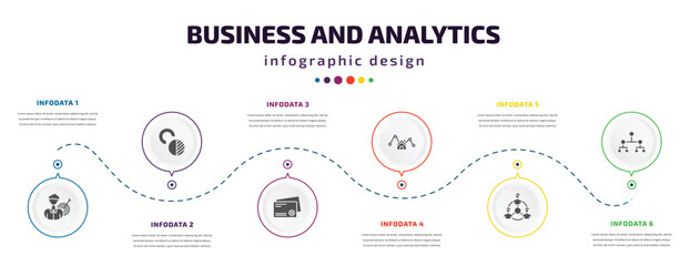 Poster - business and analytics infographic element with icons and 6 step or option. business and analytics icons such as businessman analysis, value chart, business card, mortgage statistics, partnership,