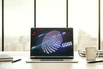 Aufkleber - Abstract creative fingerprint illustration on modern laptop monitor, digital access concept. 3D Rendering