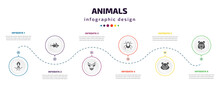 Animals Infographic Element With Icons And 6 Step Or Option. Animals Icons Such As Squid, Zander, Moose, Mite, Snigir, Baboon Vector. Can Be Used For Banner, Info Graph, Web, Presentations.