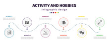 Activity And Hobbies Infographic Element With Icons And 6 Step Or Option. Activity And Hobbies Icons Such As Pachinko, Dominoes, Jumping To The Water, Brewing, Acting, Flying A Kite Vector. Can Be