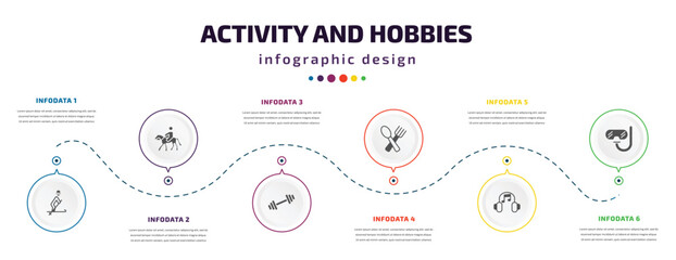 Poster - activity and hobbies infographic element with icons and 6 step or option. activity and hobbies icons such as skiing, horse riding, exercising, eating, listening music, diving vector. can be used for