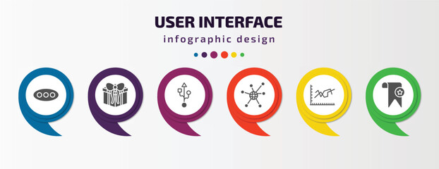 Poster - user interface infographic template with icons and 6 step or option. user interface icons such as more, giftbox, usb port, connectivity, dual stream chart, bookmark vector. can be used for banner,