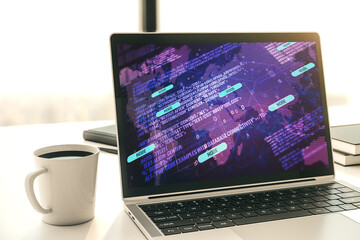 Aufkleber - Computer monitor with abstract creative programming illustration and world map, big data and blockchain concept. 3D Rendering