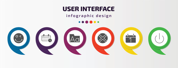 Poster - user interface infographic template with icons and 6 step or option. user interface icons such as winking smile, timetable, fonts, jamaican, first date, turn off vector. can be used for banner, info