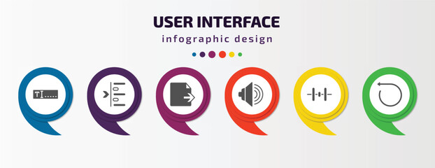 Poster - user interface infographic template with icons and 6 step or option. user interface icons such as text box, left side alignment, export archive, sound on, vertical align, rotate left vector. can be