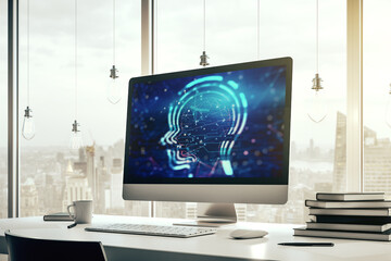Aufkleber - Creative artificial Intelligence concept with human head sketch on modern computer monitor. 3D Rendering