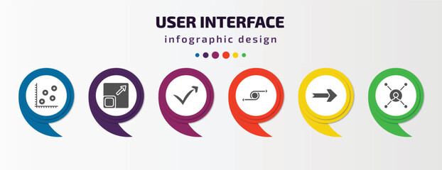 Poster - user interface infographic template with icons and 6 step or option. user interface icons such as spotted data, size, check mark arrow, move content, curved right arrow, multitasking worker vector.