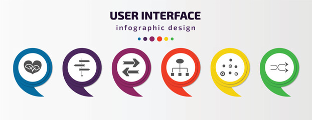 Poster - user interface infographic template with icons and 6 step or option. user interface icons such as ecologic heart, road, updating arrow, simple chart interface, scatter circle, crossover vector. can
