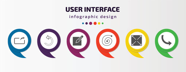 Poster - user interface infographic template with icons and 6 step or option. user interface icons such as export arrow, refresh left arrow, make, spiral tool, expand button, curve arrows vector. can be used