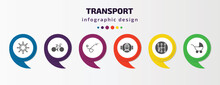 Transport Infographic Template With Icons And 6 Step Or Option. Transport Icons Such As Ship Wheel, Bikes, Airplane Flying, Tram Stop Label, Gearshift, Baby Trolley Vector. Can Be Used For Banner,