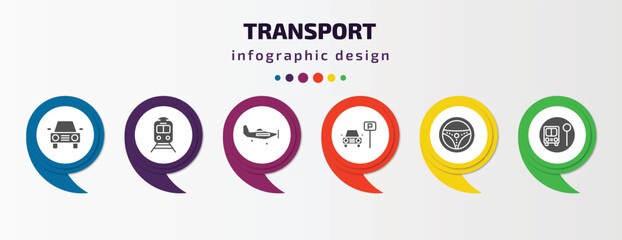 Poster - transport infographic template with icons and 6 step or option. transport icons such as auto, tram stop, light aircraft, car parking, steering, school bus stop vector. can be used for banner, info